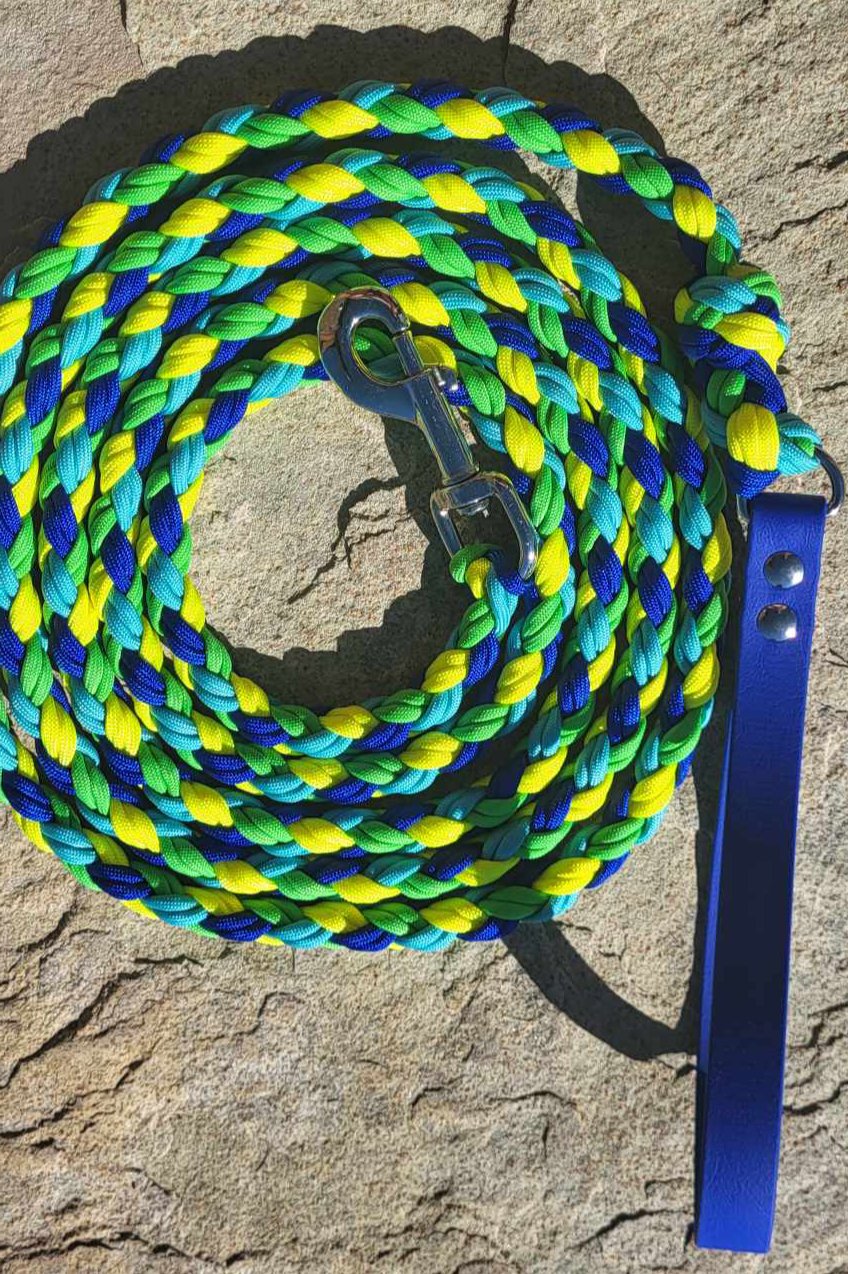 9ft Blues Green & Yellow Leash W/Biothane Handle