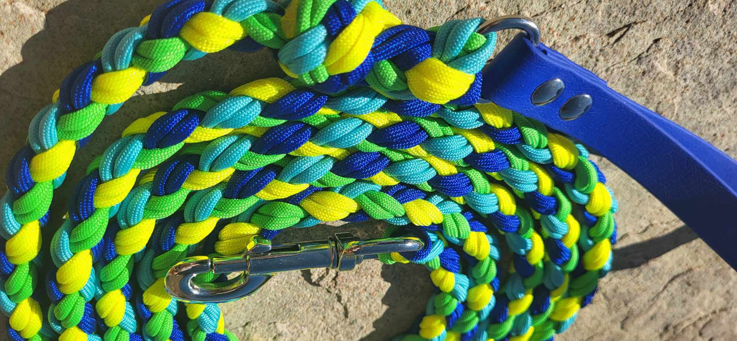 9ft Blues Green & Yellow Leash W/Biothane Handle